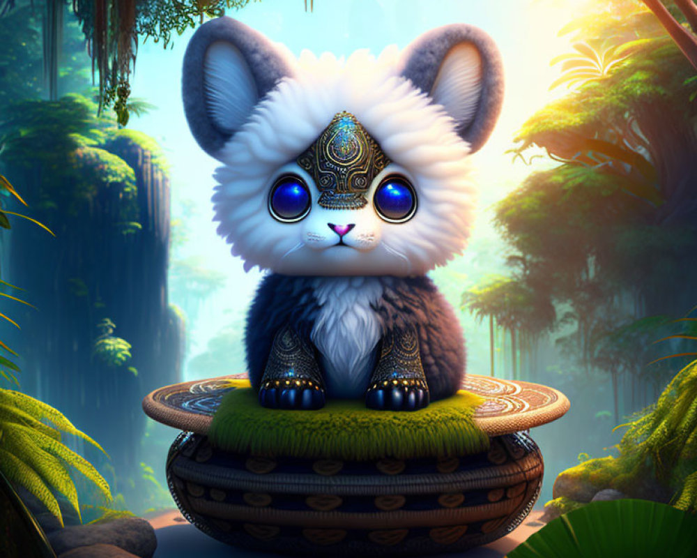 Stylized adorable animal with large blue eyes in mystical forest