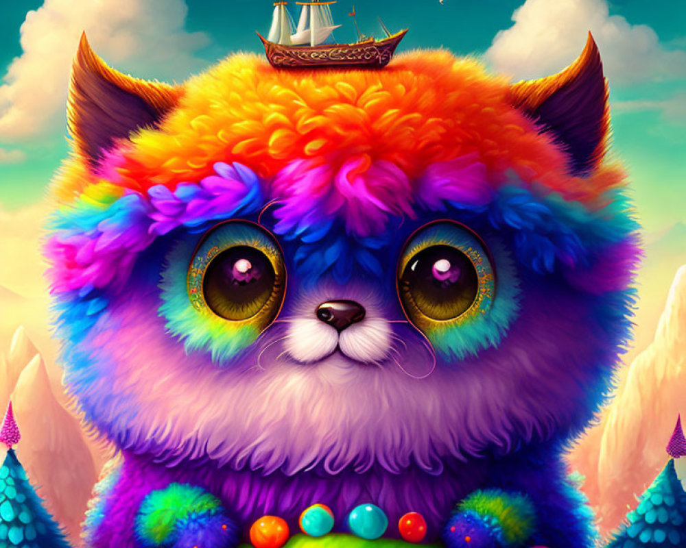 Whimsical, colorful illustration of large-eyed fluffy creature with sailing ship on cloud