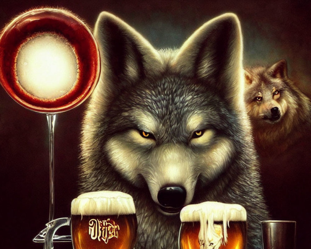 Digital illustration of stern wolf holding beer mugs, second wolf in background