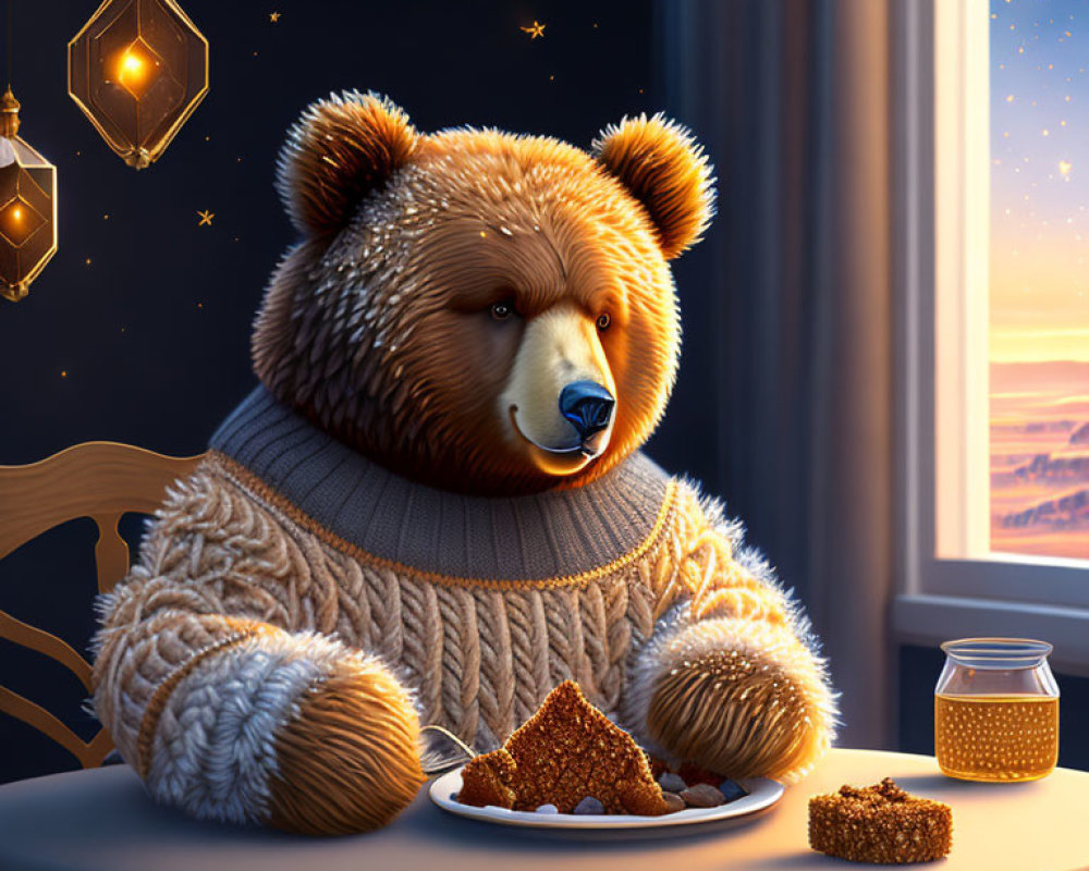 Anthropomorphic bear in knitted sweater enjoying honey and cakes at twilight