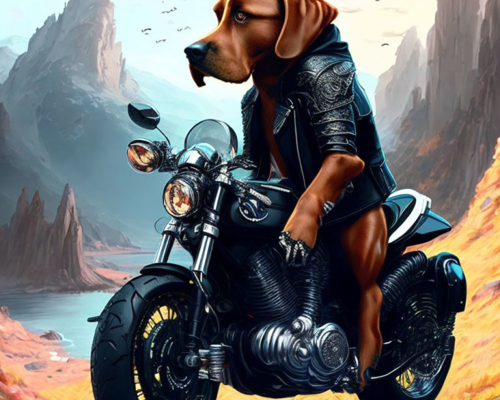 Stylized illustration of dog on motorcycle with mountains