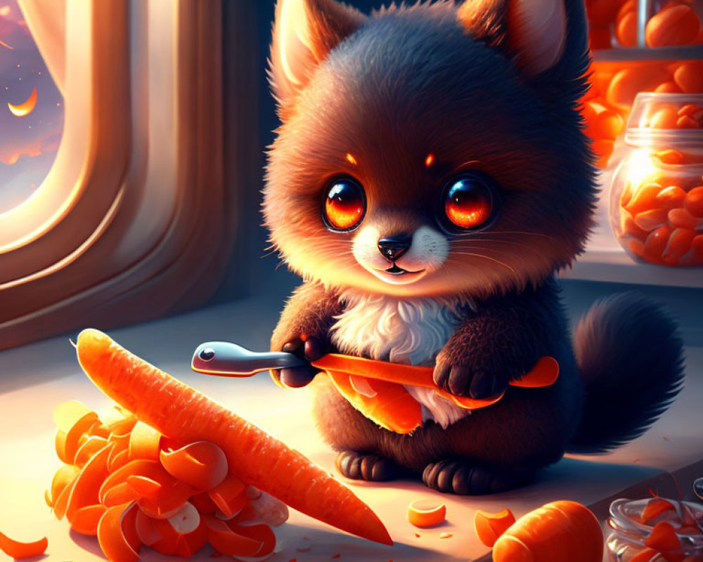 Cartoon fox slicing carrots by sunny window