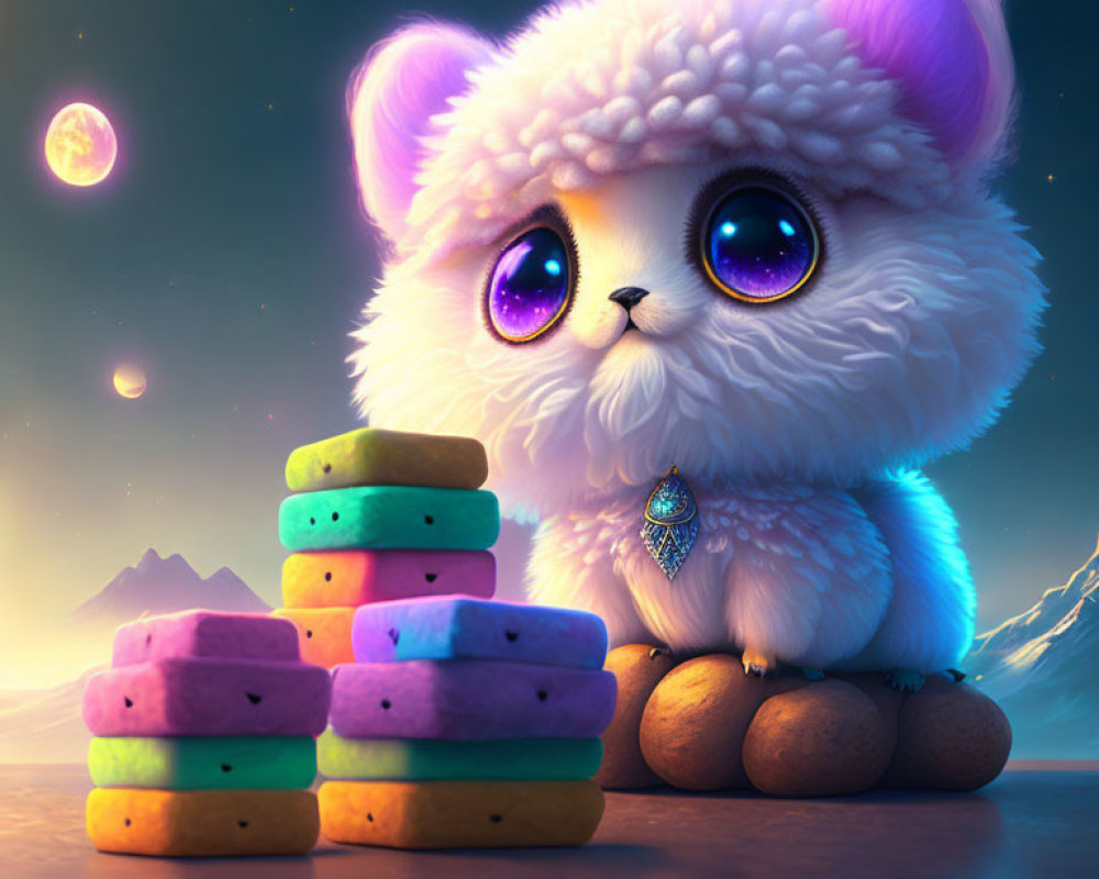 Fluffy White Creature with Purple Eyes and Pendant Beside Colorful Stacked Stones under Twilight Sky with