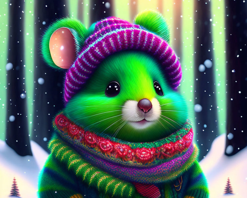 Green Fluffy Hamster in Colorful Hat and Scarf on Snowy Night