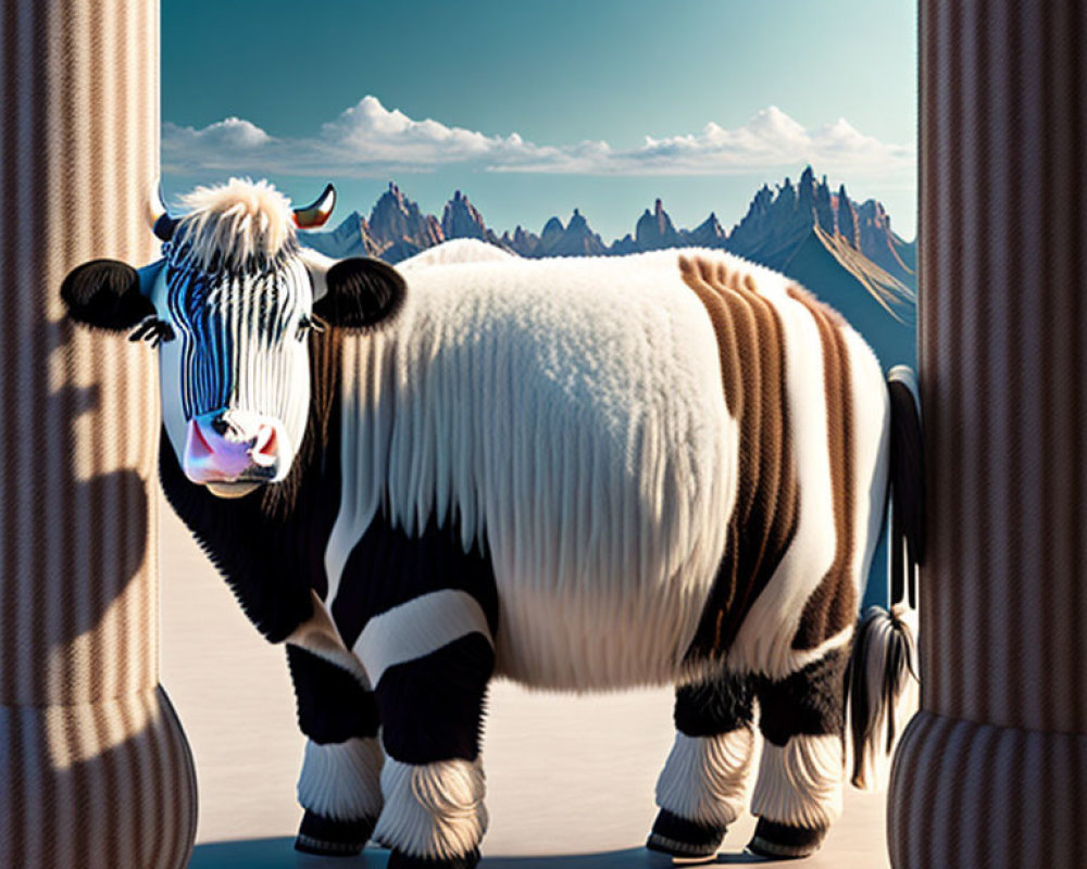 Stylized cow in front of mountains and sky