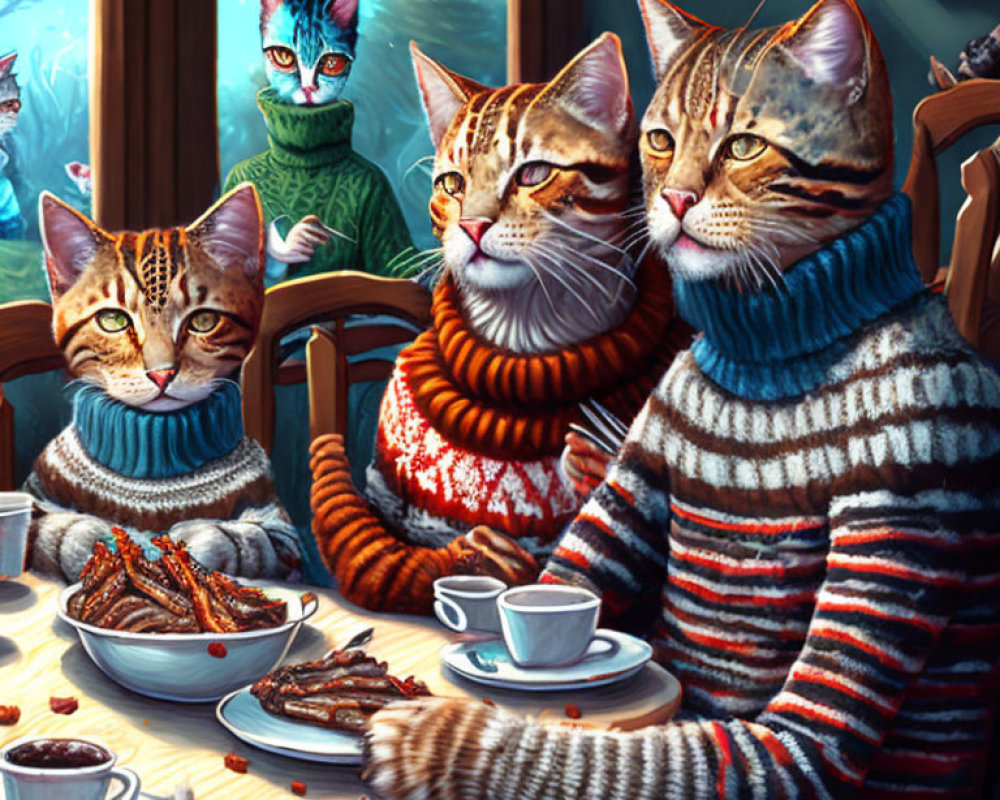 Anthropomorphic Cats in Sweaters Dining with Fish Plates and Tea Cups