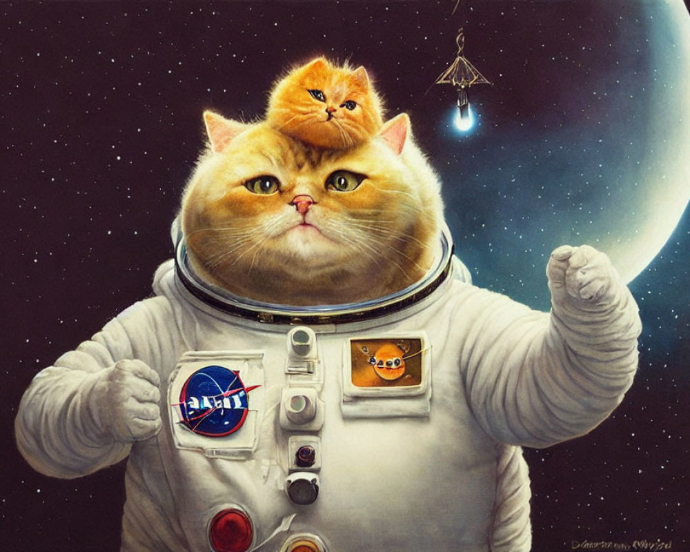 Cartoon cats in astronaut suit with mouse in spaceship reflected on visor