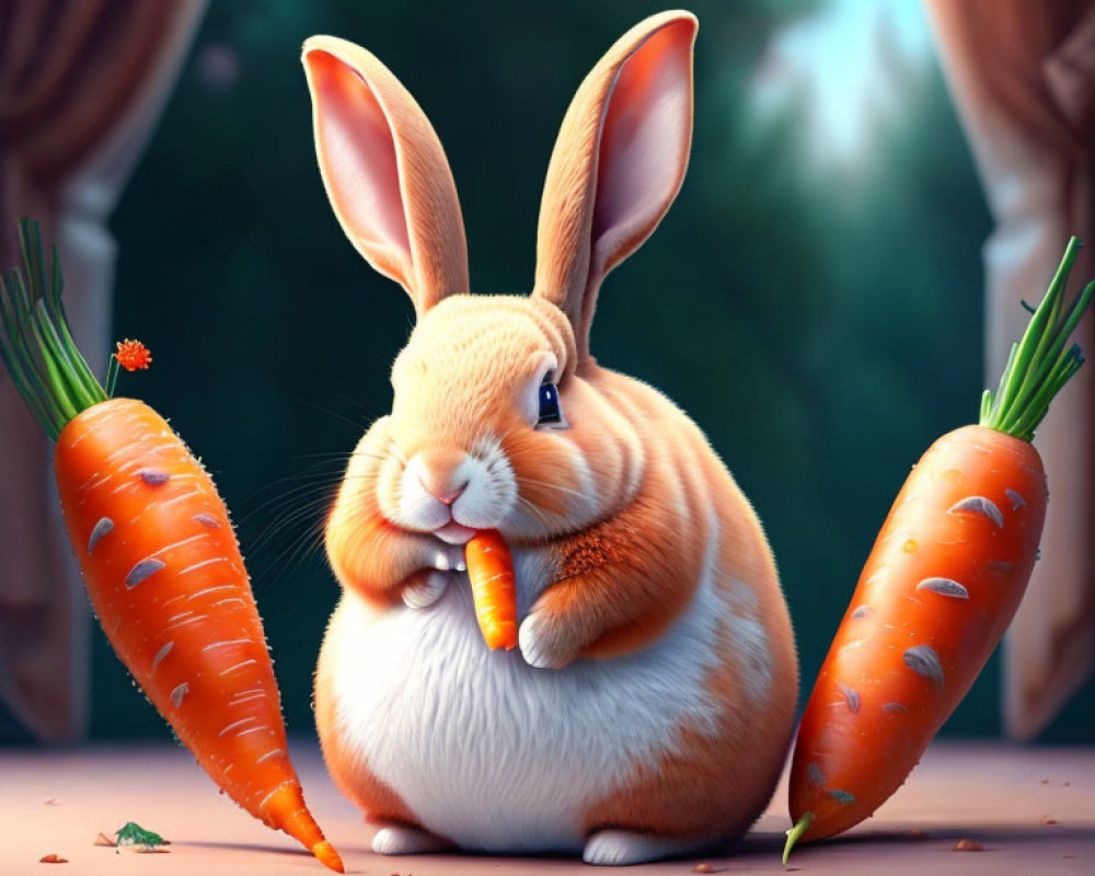 Chubby rabbit eating carrots in forest setting