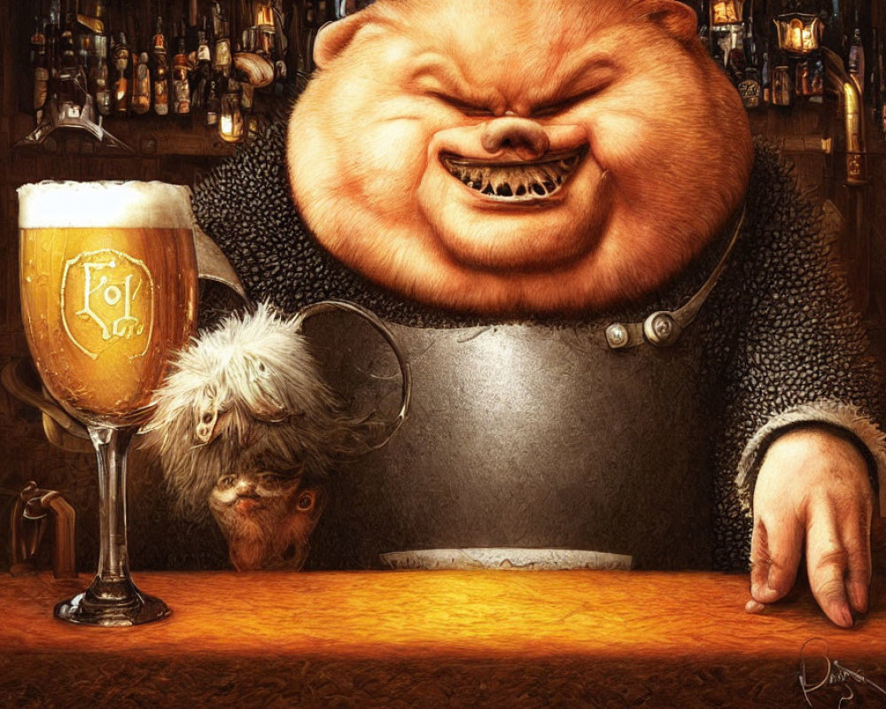 Fantasy tavern scene with jolly barkeeper, frothy beer, and curious creature