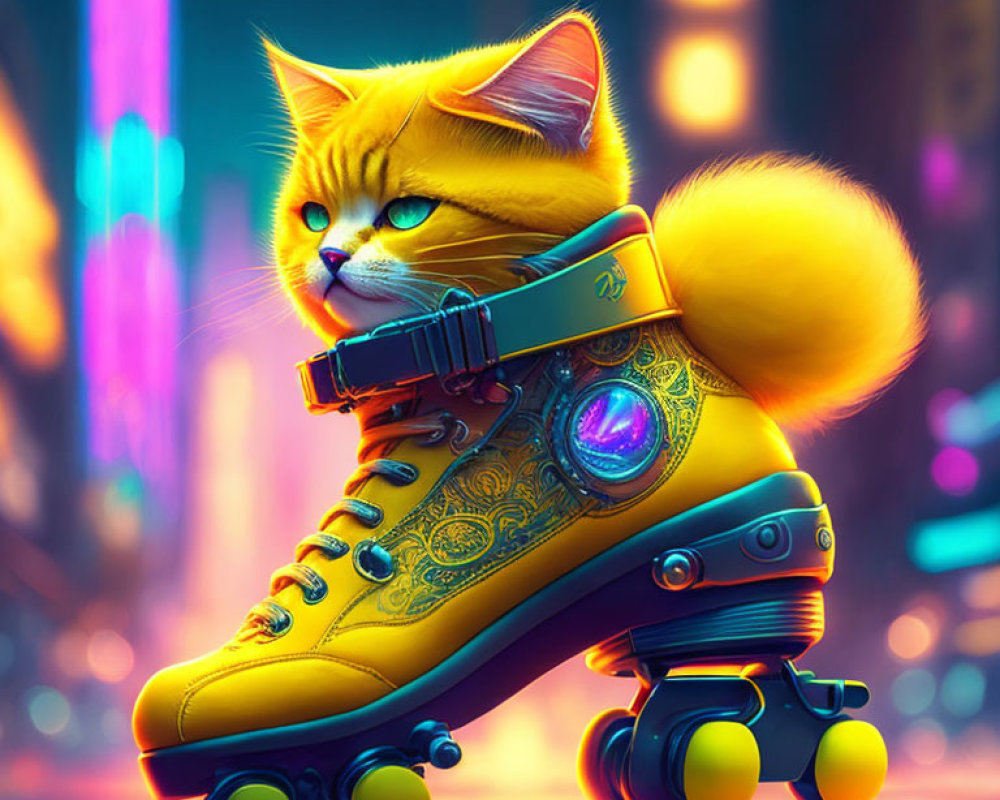 Orange Cat on Roller Skate with Blue Collar in Neon Cityscape