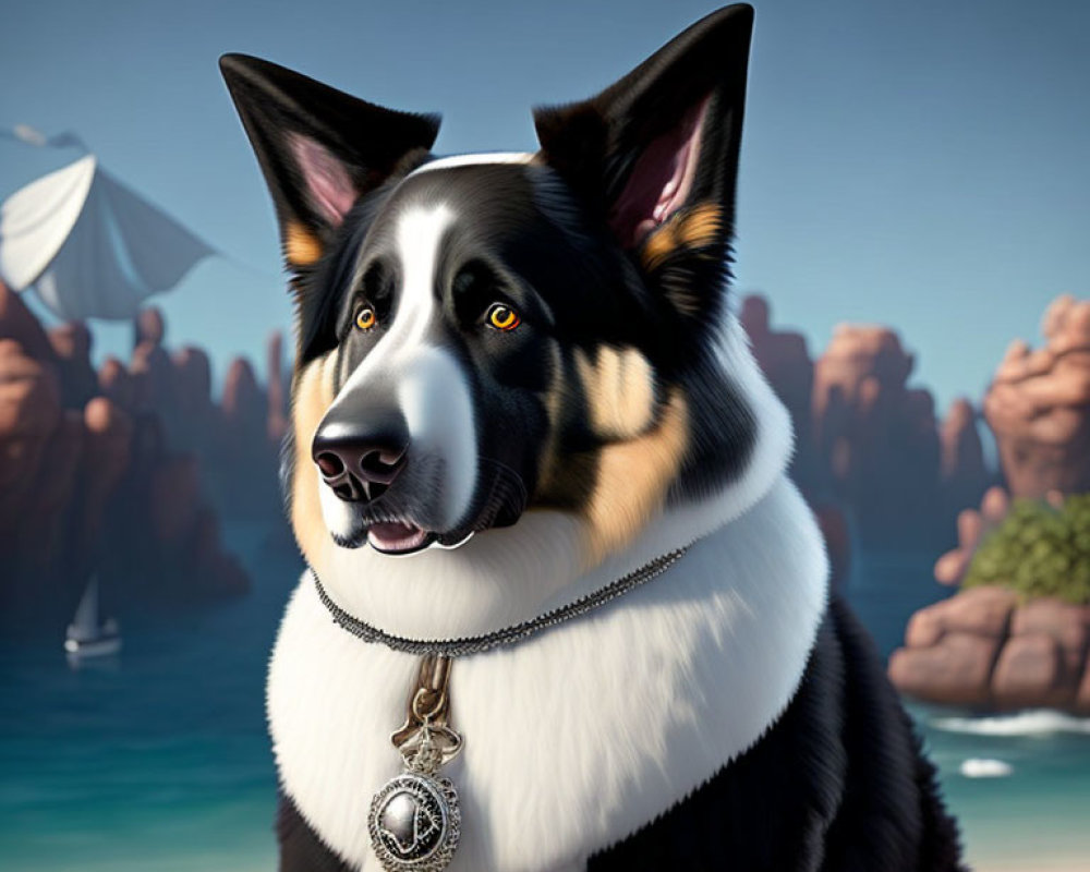 Stylized 3D Border Collie with pocket watch on collar against rocky boat background