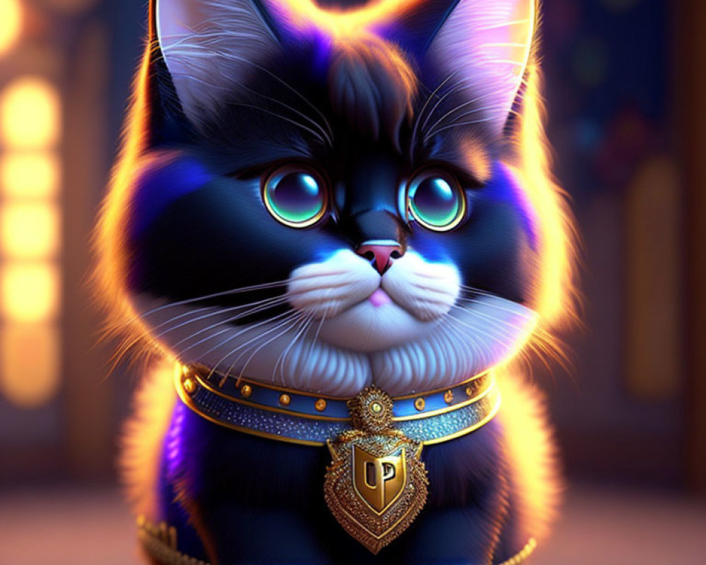 3D illustration of animated cat with blue eyes and golden collar on bokeh background