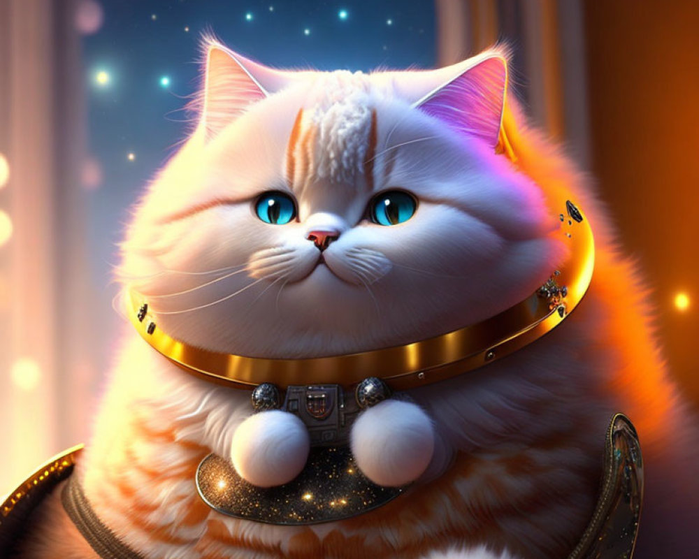 Digital Artwork: Fluffy White Cat with Golden Collar in Futuristic Space Scene