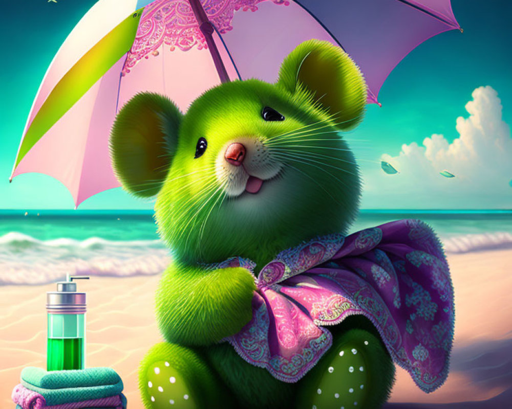 Green animated mouse on beach with rainbow umbrella, pink scarf, drink, towel