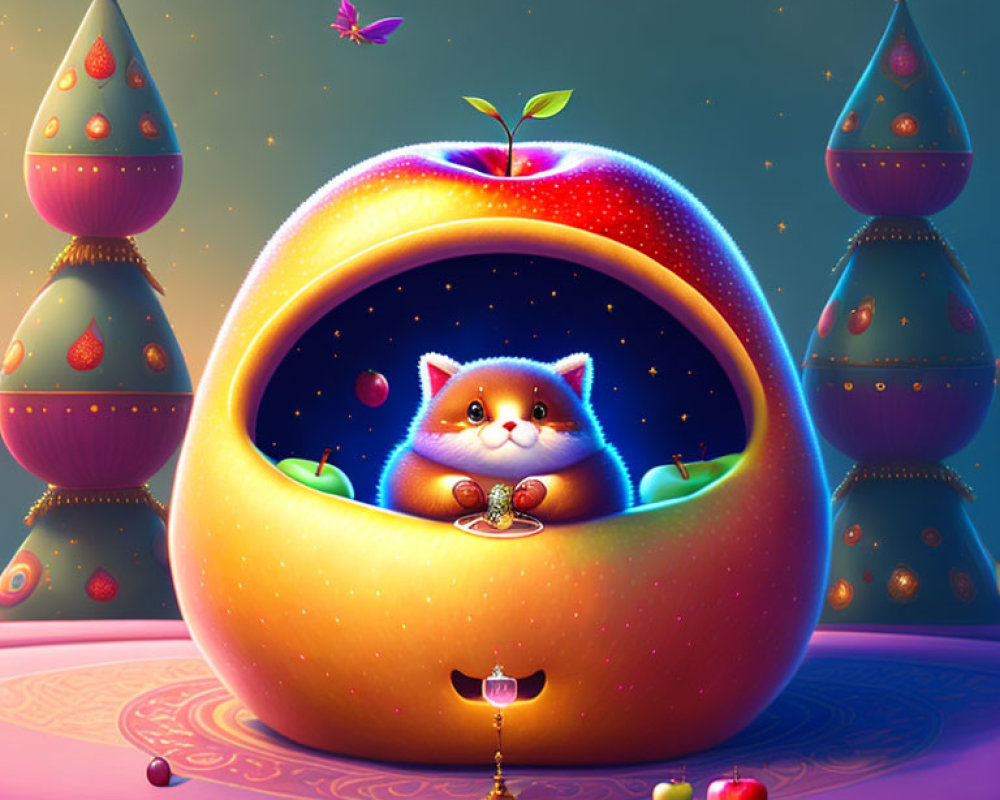 Chubby cat in golden fruit under starry sky with colorful towers