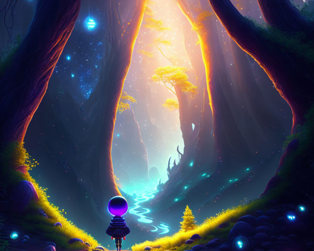 Illustration of person in space helmet at forest edge with glowing trees