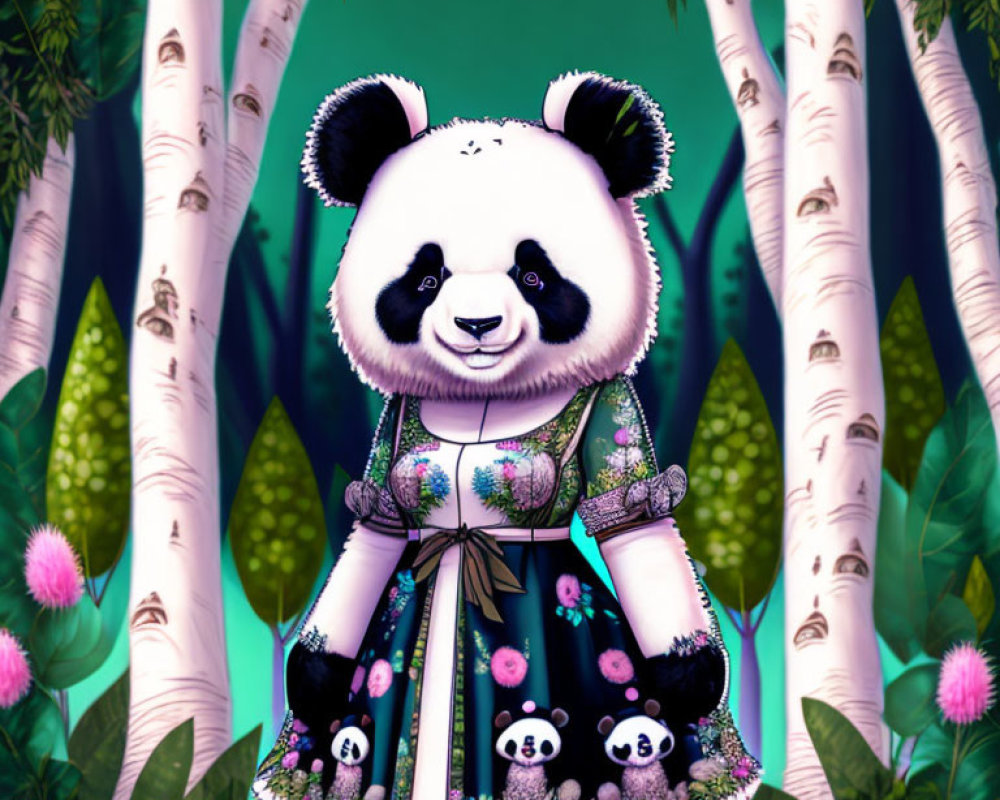 Illustrated Panda Character in Green and Blue Dress Surrounded by Whimsical Forest