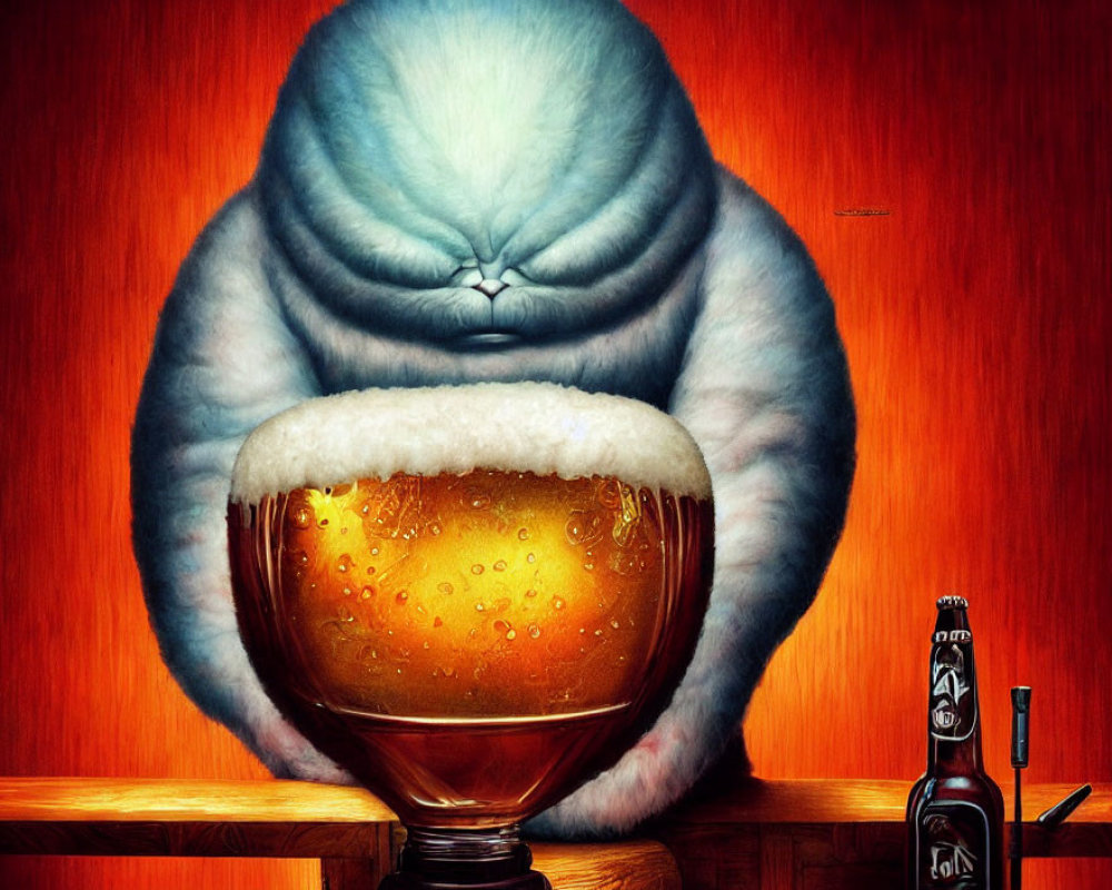 Whimsical painting of fluffy blue cat with beer and bottle