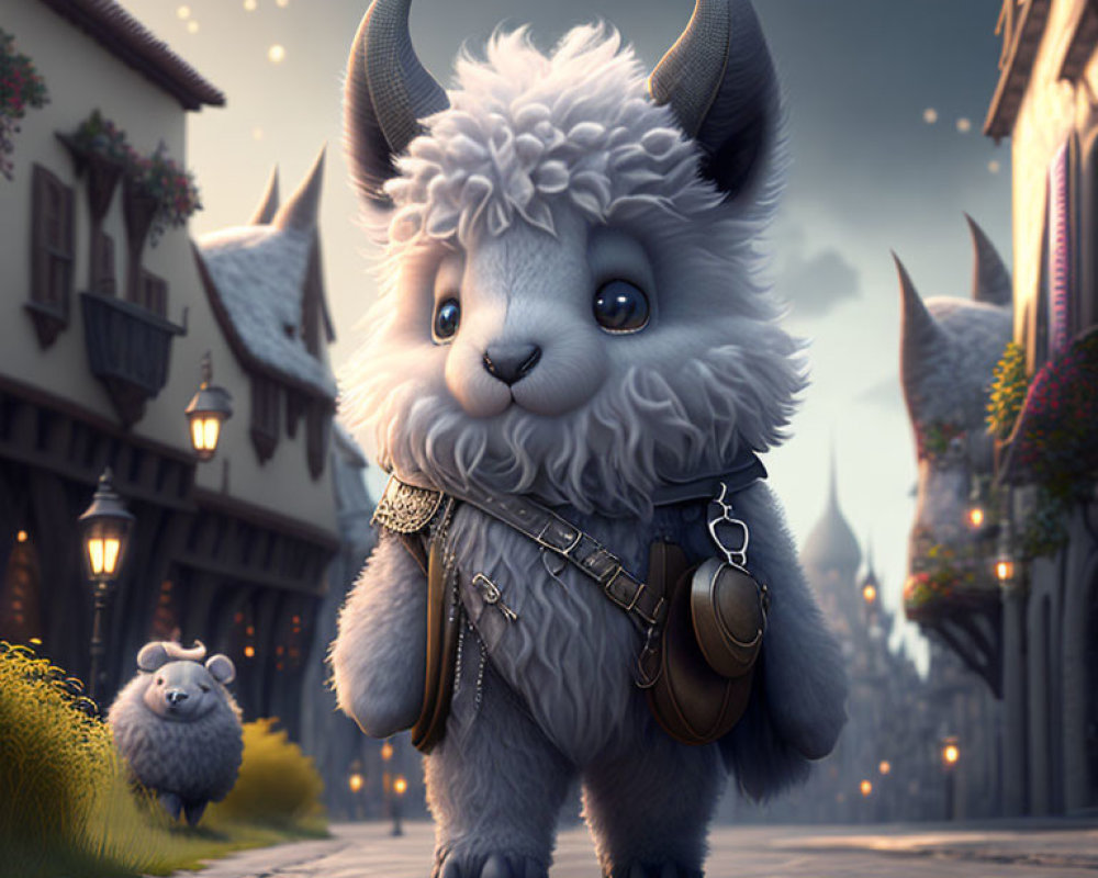 Fluffy creature with horns in fantastical village scene