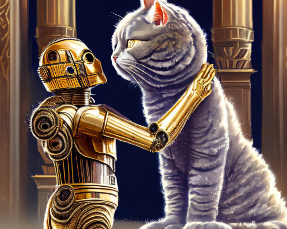 Golden robot with fluffy gray cat in regal setting