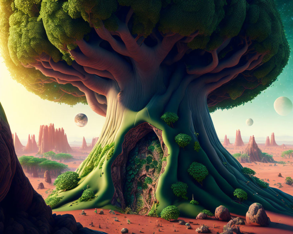 Gigantic hollow tree in alien desert with floating celestial bodies