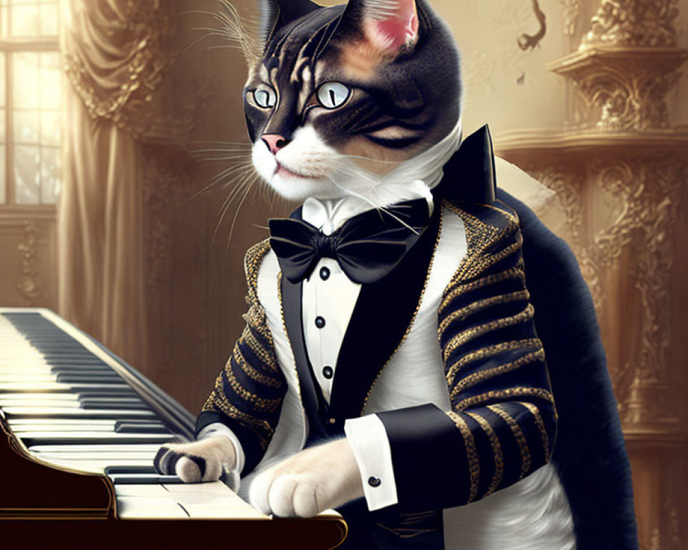 Cat in tuxedo playing grand piano in elegant room