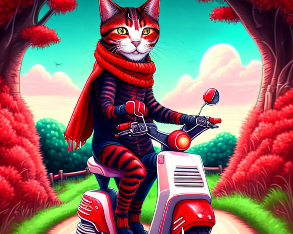 Anthropomorphic cat on scooter in vibrant landscape with pink trees