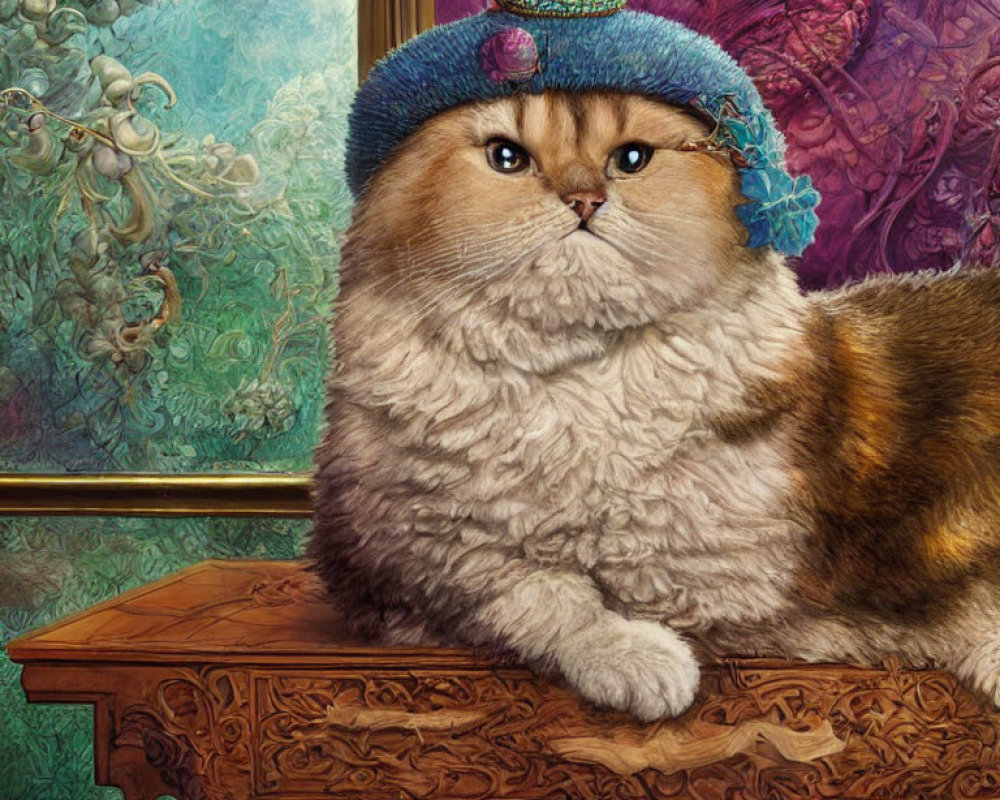 Fluffy cat in ornate blue hat on carved wooden piece