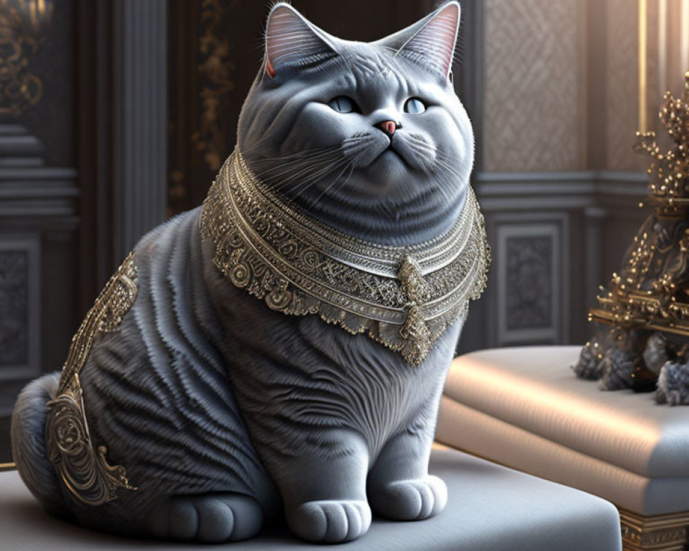 Regal Grey Striped Cat with Golden Jewelry in Luxurious Room