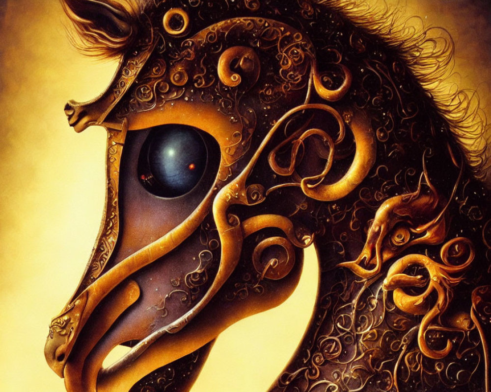 Detailed Ornate Horse Illustration with Intricate Patterns on Golden Background