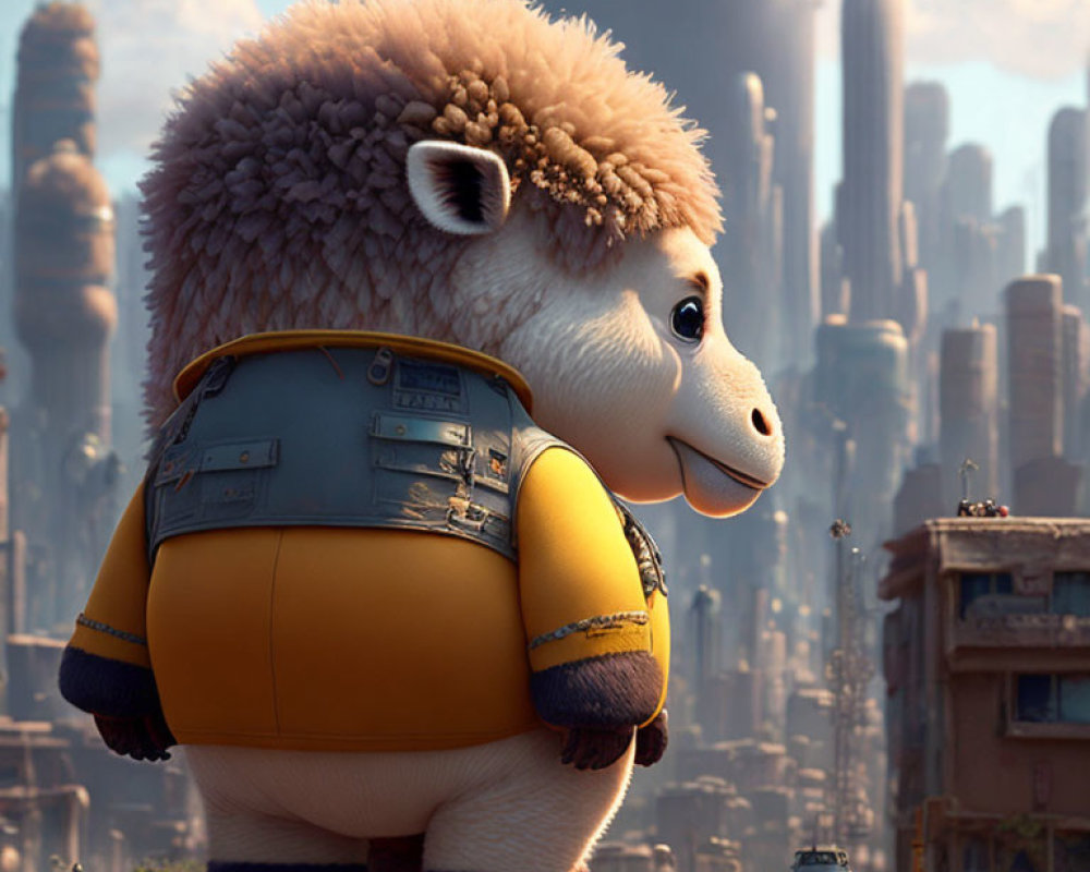 Yellow backpack sheep in cityscape scenery.