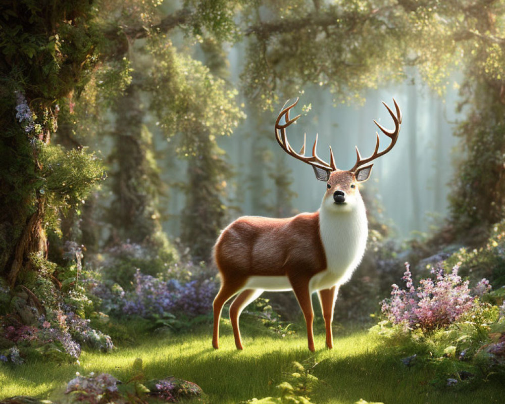 Majestic deer with impressive antlers in magical forest glade