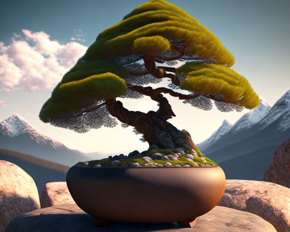 Stylized bonsai tree with dense foliage in brown pot against mountain backdrop