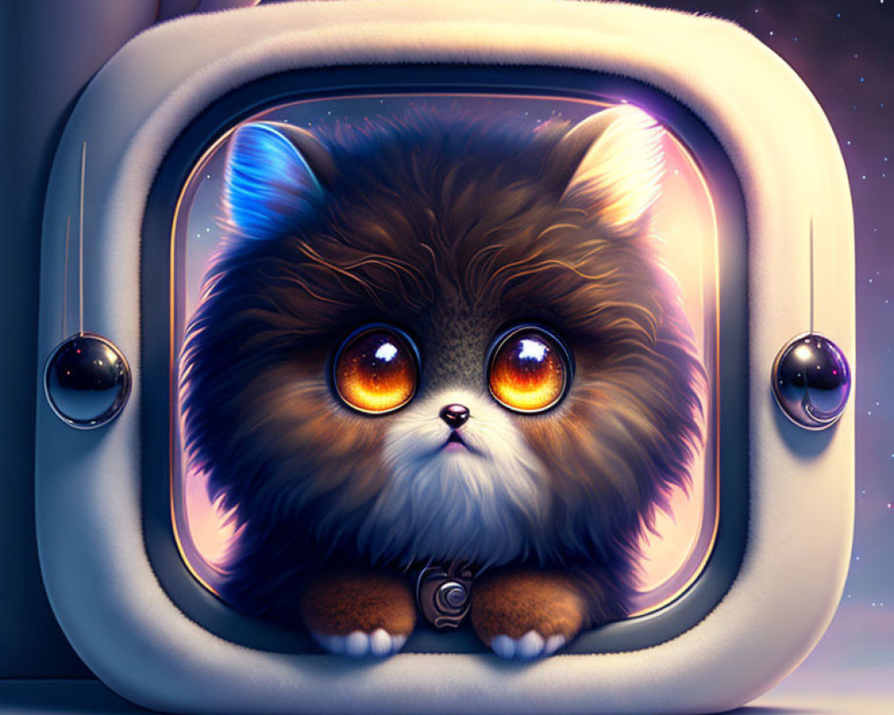 Fluffy cat with orange eyes in retro TV illustration