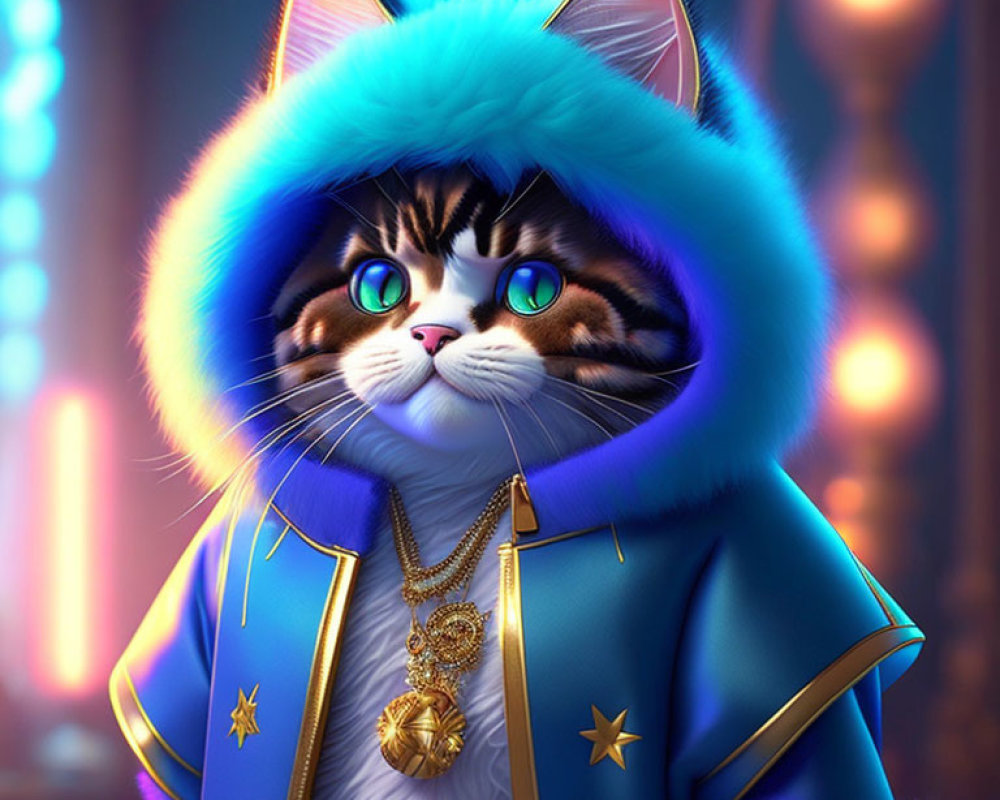 Stylized cat with green eyes in blue jacket on neon background