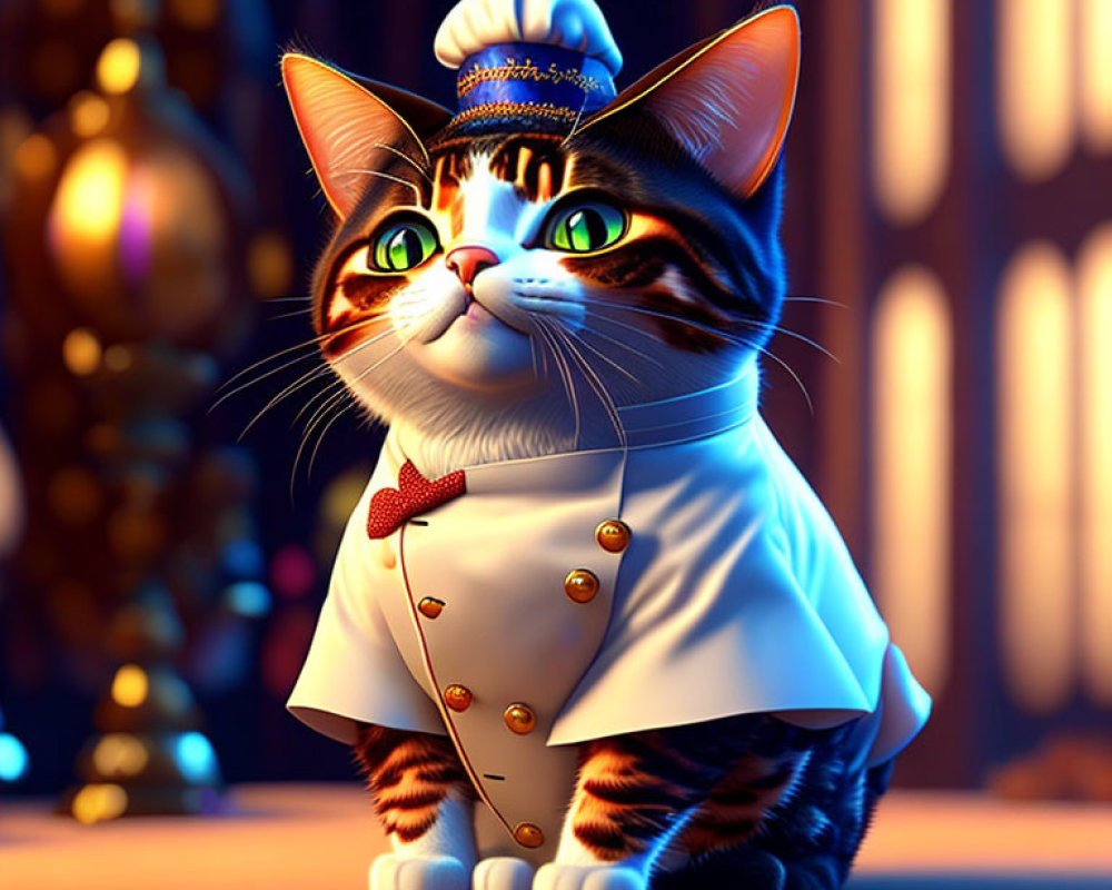 Chef Cat Animated Character in Warmly Lit Kitchen