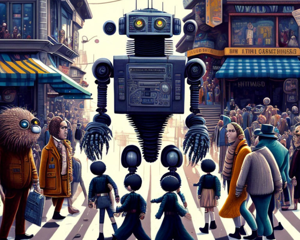 Vibrant city street scene with diverse characters and floating robot above zebra crossing