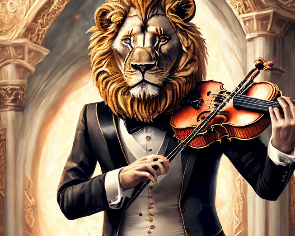 Anthropomorphic lion in tuxedo playing violin in elegant room