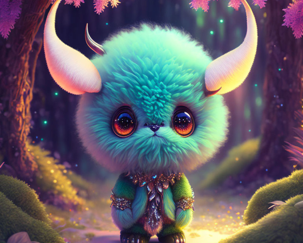 Fluffy teal creature with orange eyes in enchanted forest