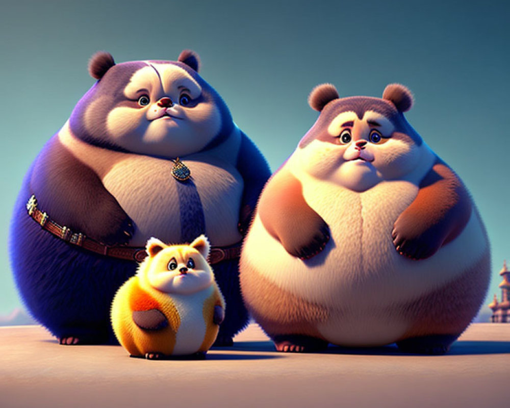 Three round, fluffy panda-like animated characters with a serene backdrop.