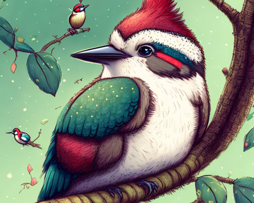 Colorful Bird Illustration with Red Crest and Green Feathers on Branch