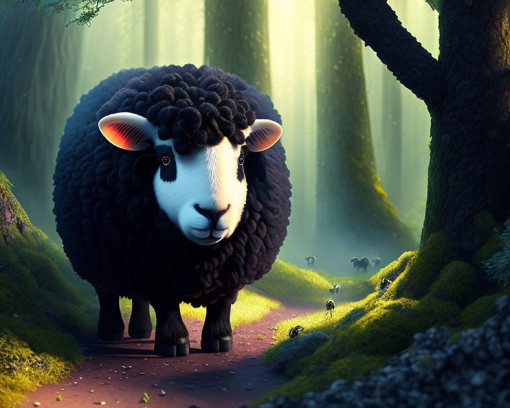 Cartoonish black sheep on forest path with sunlight rays