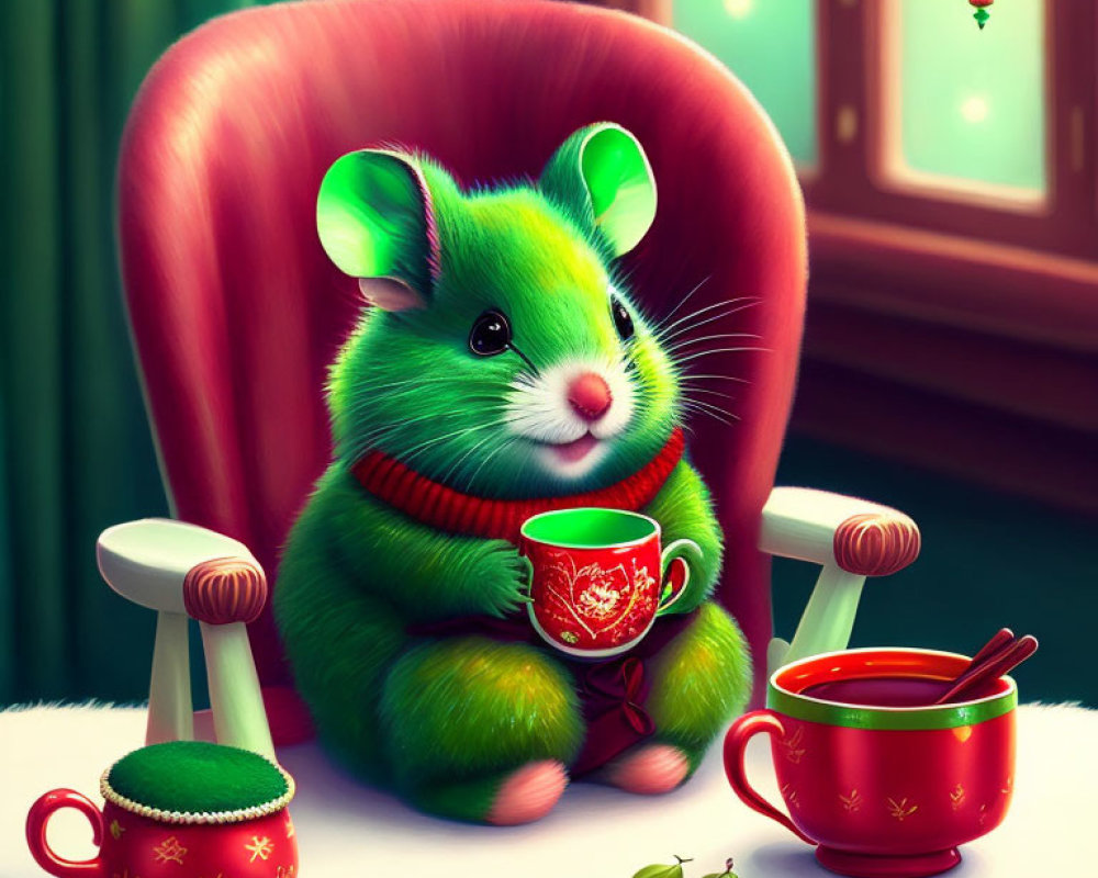 Anthropomorphized green hamster with red scarf at festive table and cozy chair