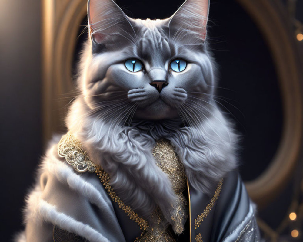 Regal cat with blue eyes in opulent costume and mirror pose