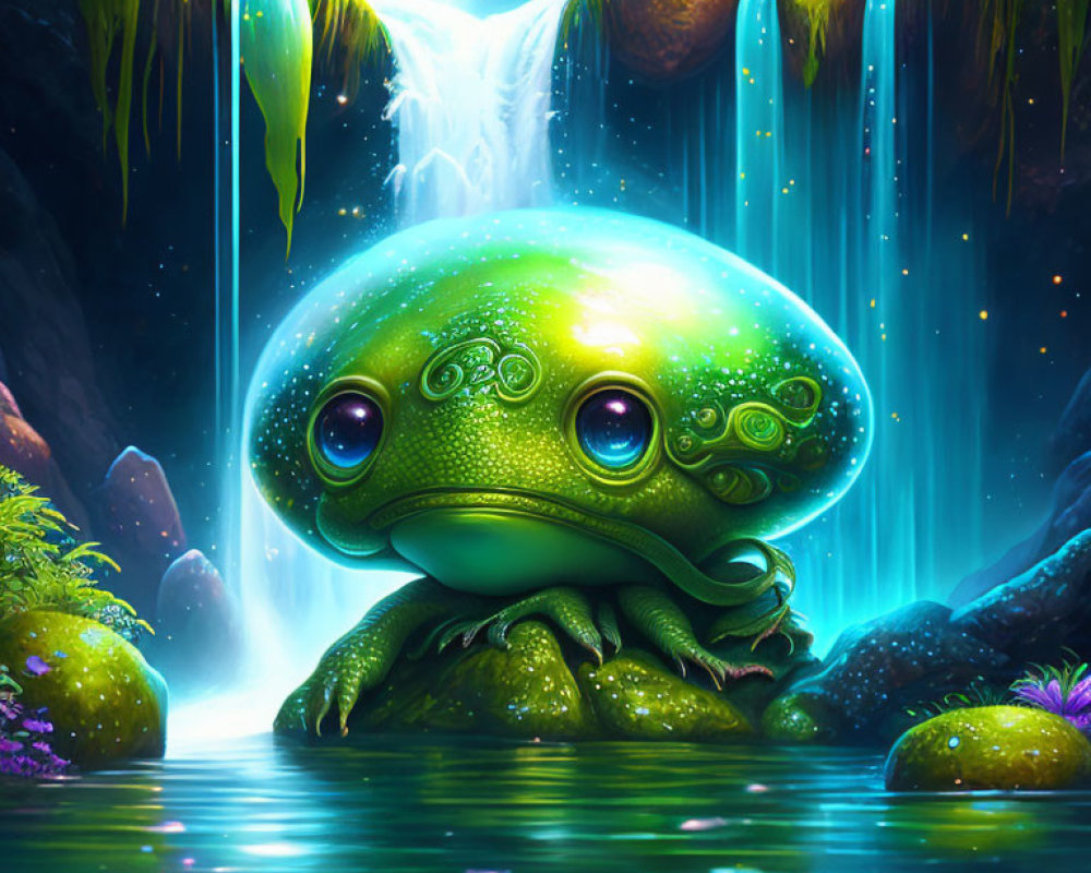 Iridescent Green Frog with Multiple Eyes by Cascading Waterfall