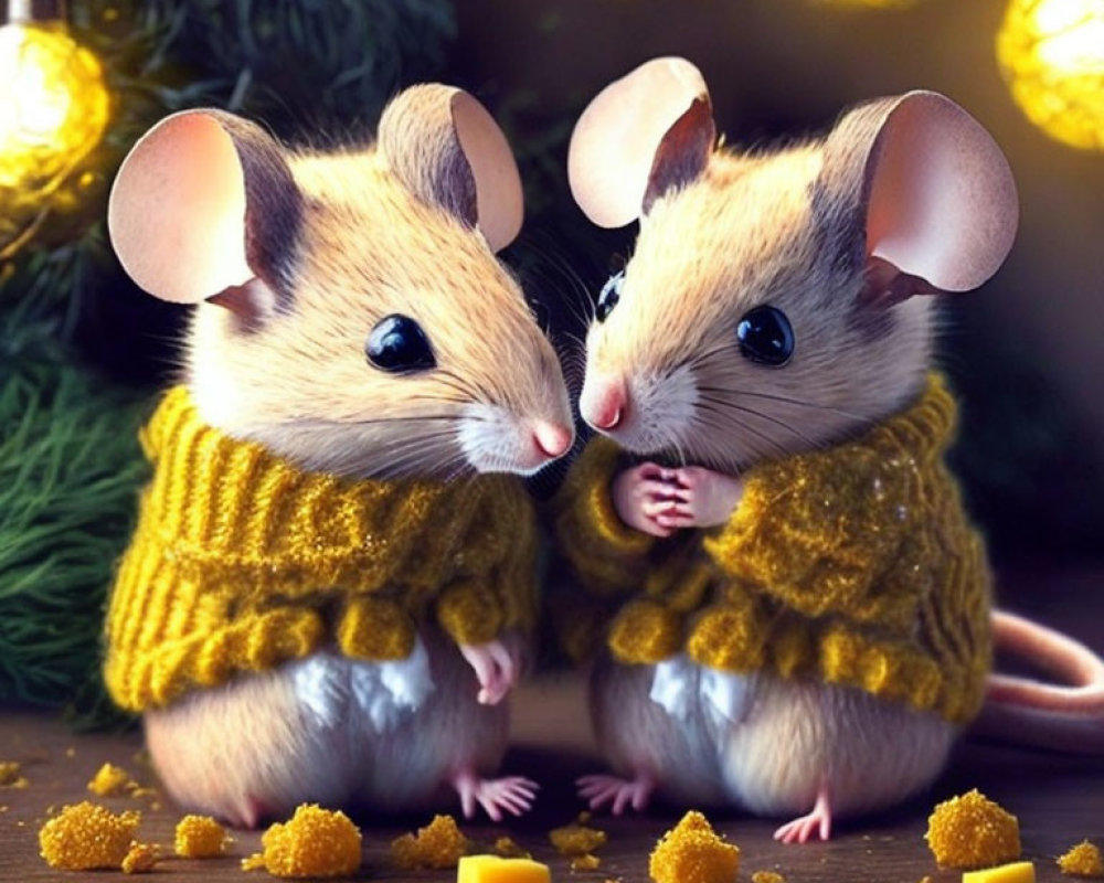 Cartoon mice in yellow sweaters with Christmas lights and cubes