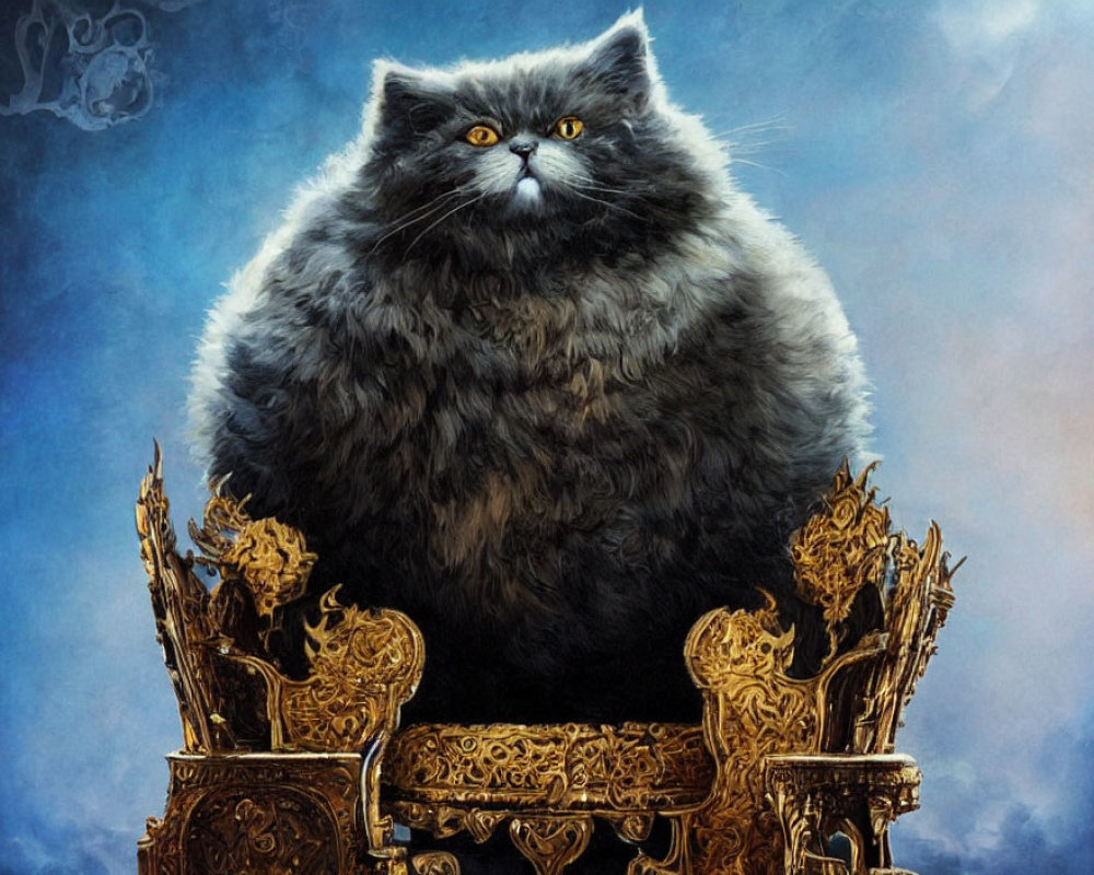 Fluffy cat on golden throne exuding regal presence