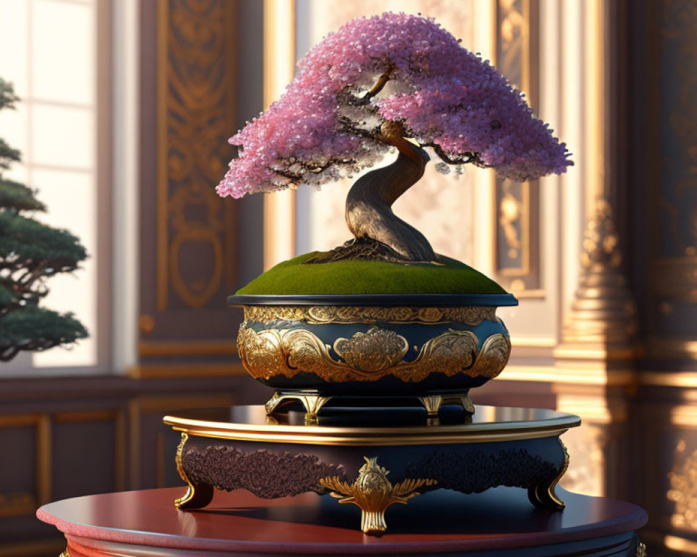 Detailed Pink Blossom Bonsai Tree on Elegant Wooden Table