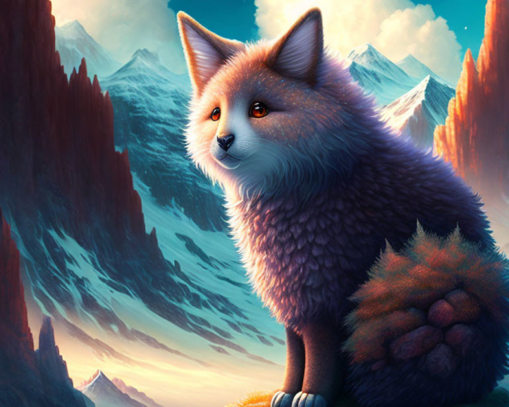 Stylized illustration of fluffy fox in fantastical landscape