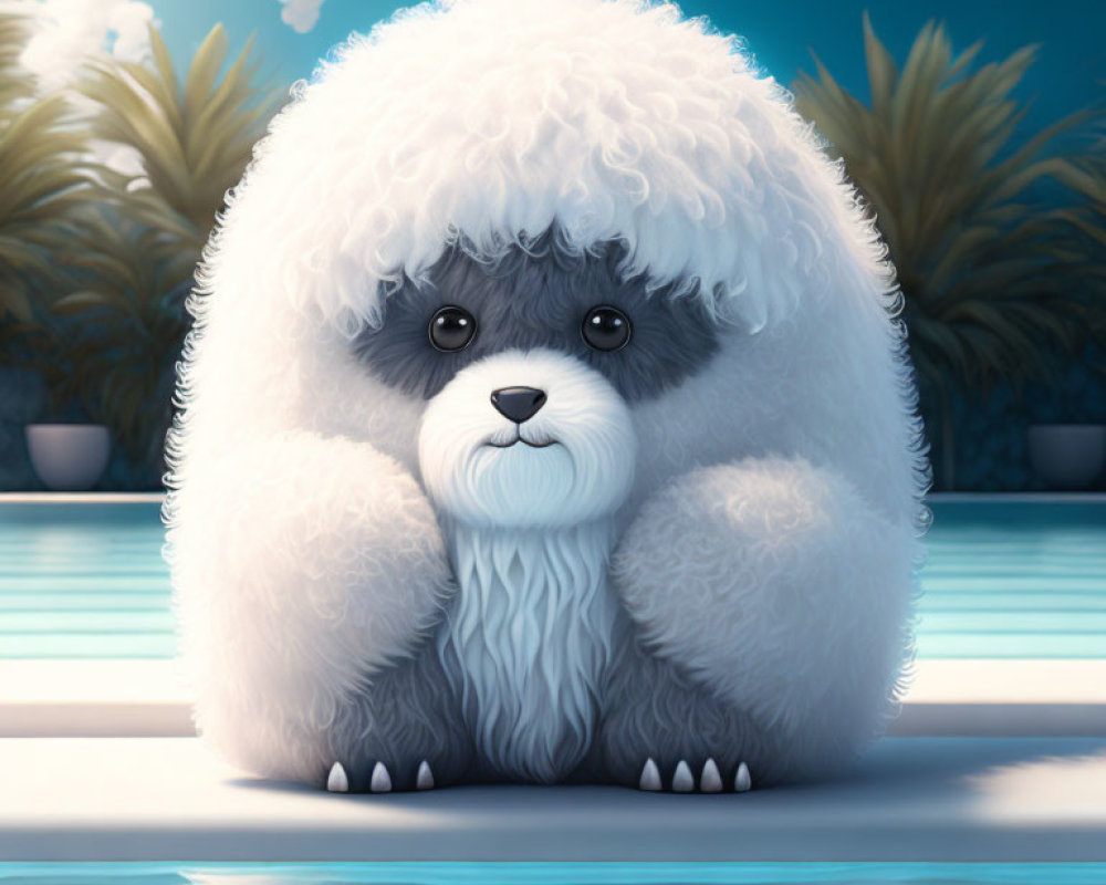 White Cartoon Bichon Frise Dog by Pool with Palm Trees